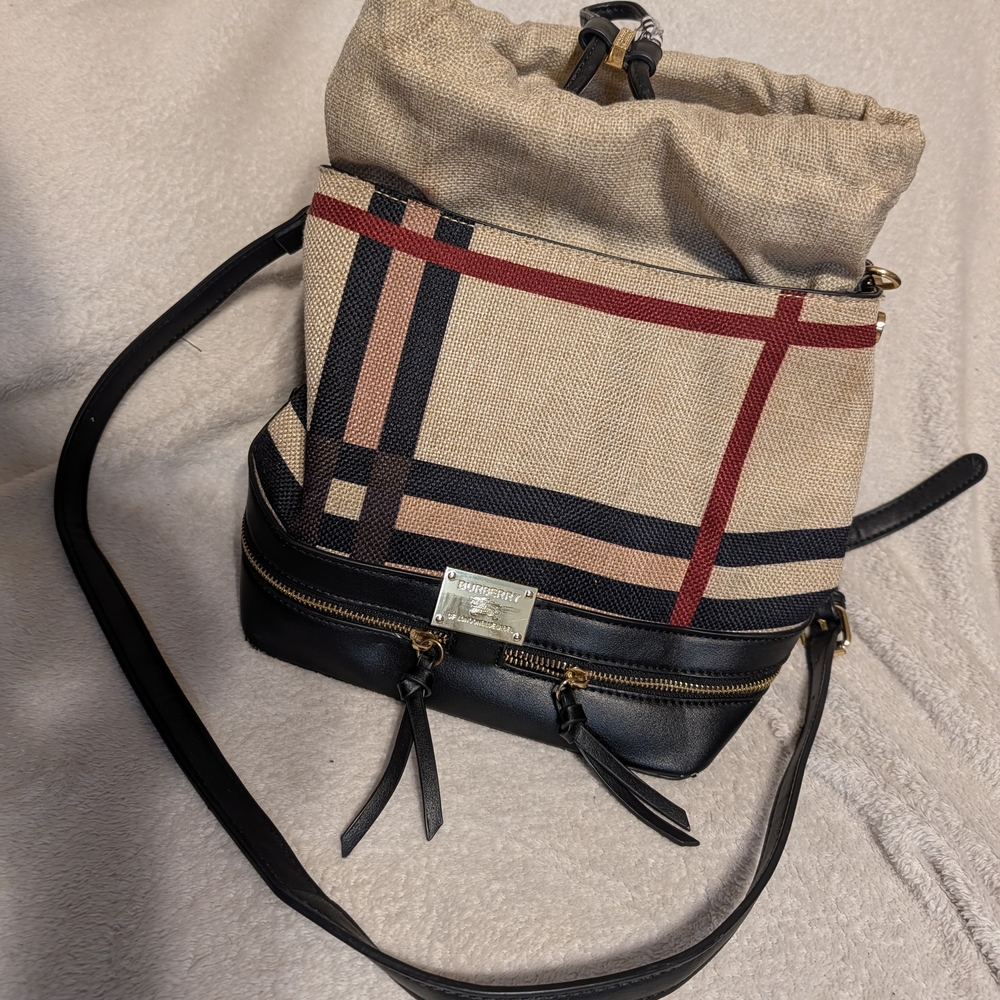 Burberry Beige, Black & Tan Check Canvas Shoulder Bag